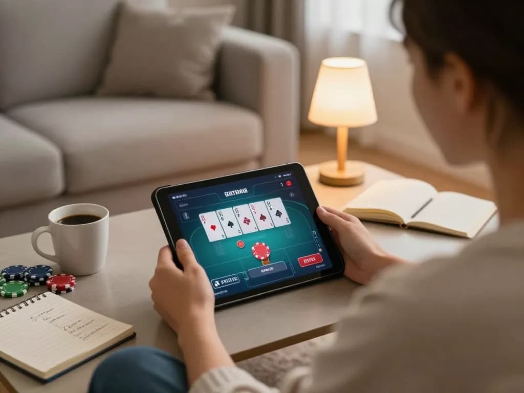 Engage in online poker at F168 with a cozy home gaming setup, featuring a tablet and betting notes.