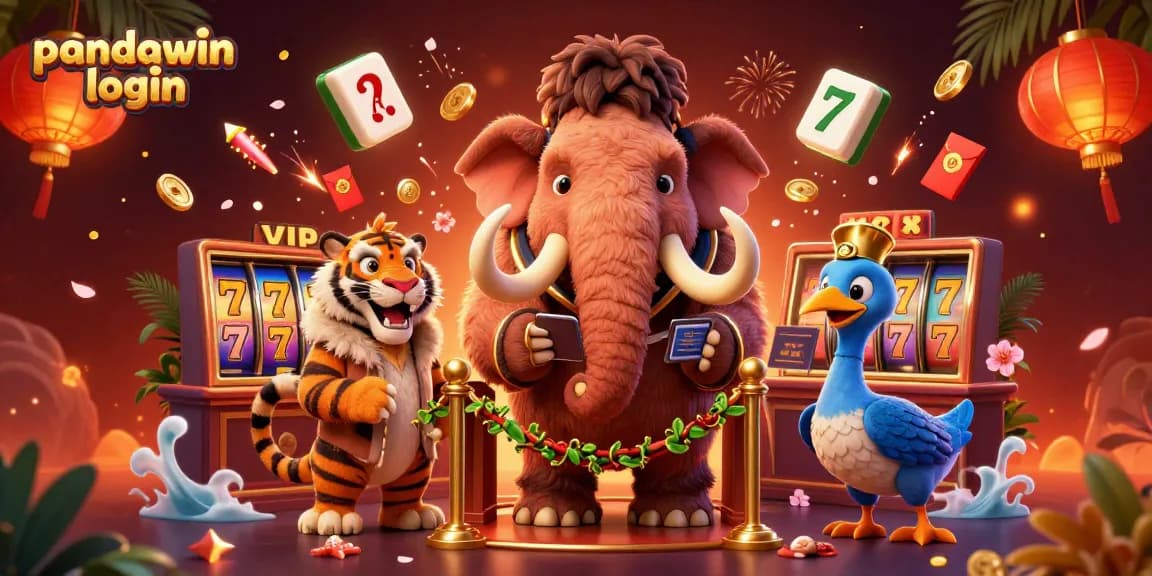 Join the excitement with pandawin login as a woolly mammoth bouncer greets VIP guests at a lively casino scene.