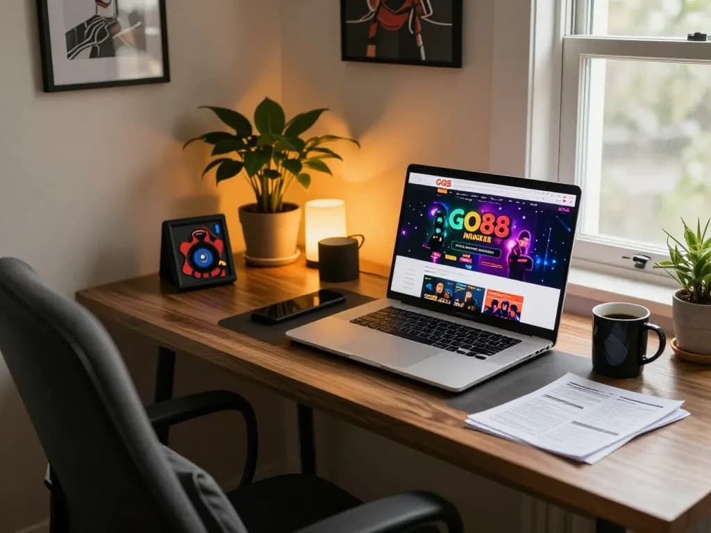 Players engaging with GO88 online casino games on a stylish laptop while sipping coffee in a cozy home setup