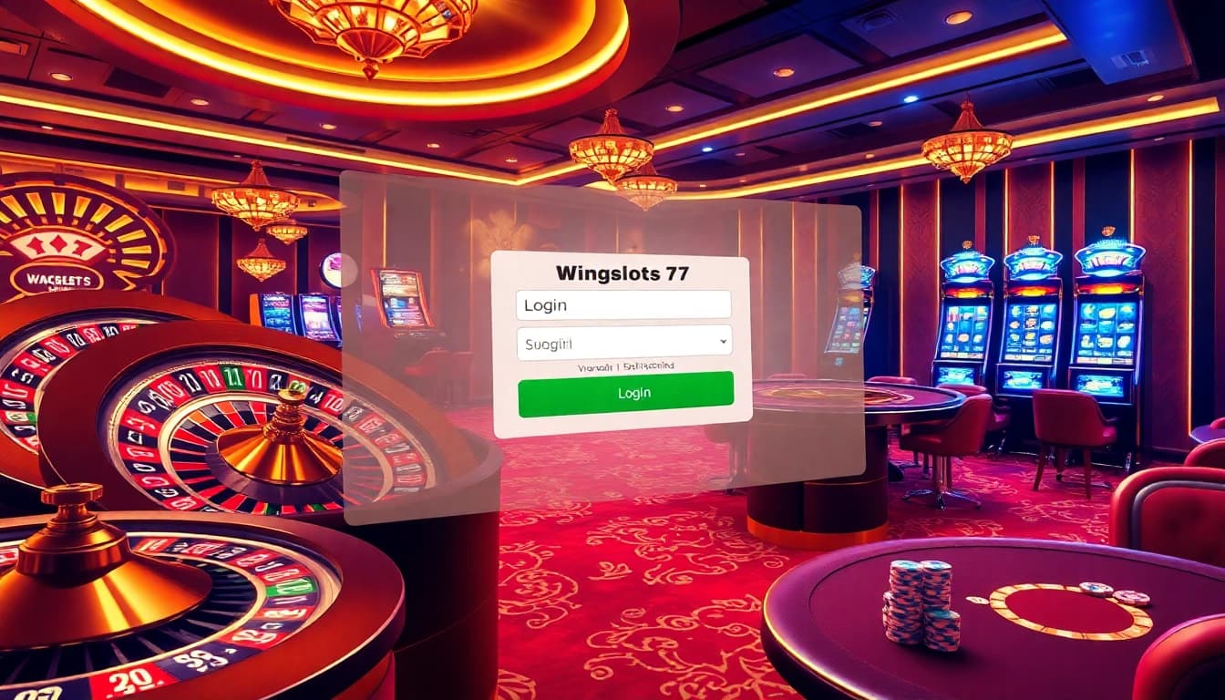 Engage in thrilling casino action with Wingslots77 Login, featuring slot machines and poker visuals.