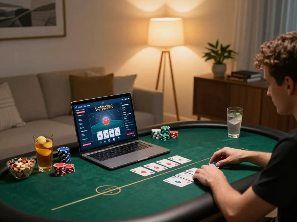 Player enjoying 99ok online poker game at home, showcasing excitement and personalization in gaming setup
