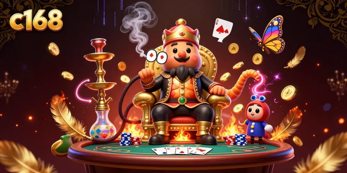Join the excitement at c168 with a vibrant casino scene featuring a whimsical caterpillar hookah-master blowing poker smoke rings.
