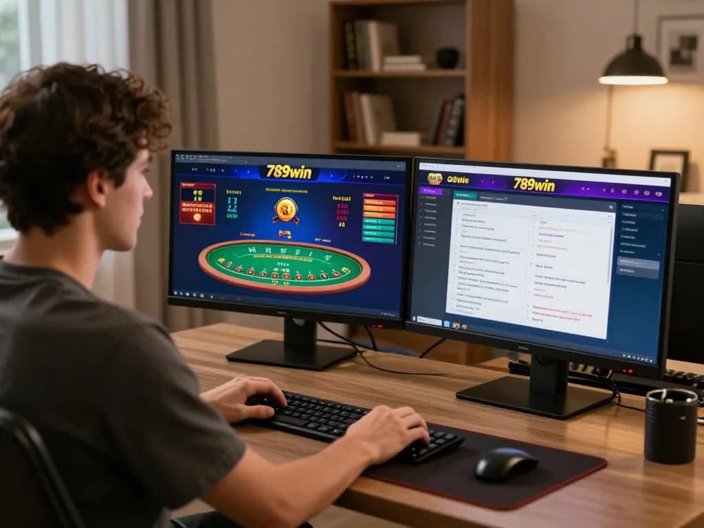 Playing blackjack on 789win. com from home gaming setup, focused on strategy and winning.