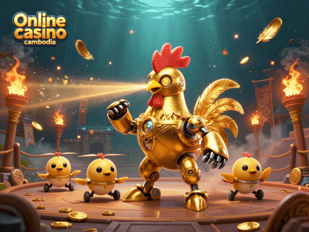 Experience thrilling action with Online casino cambodia in a vibrant 3D illustration of a golden rooster robot.