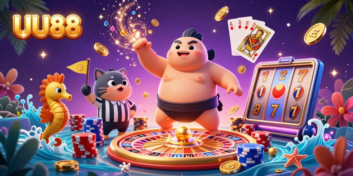 Experience the excitement of UU88 with colorful games and a dynamic underwater casino scene.