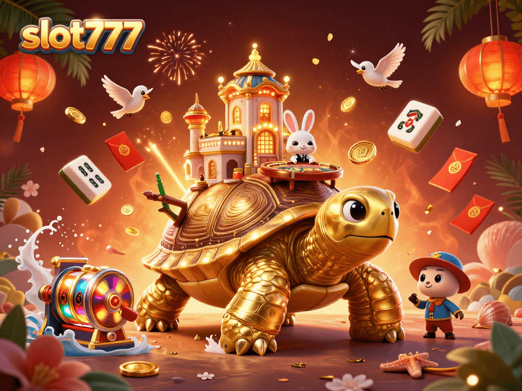 Spin the reels at slot777 with a whimsical casino scene featuring a golden tortoise and lively characters.