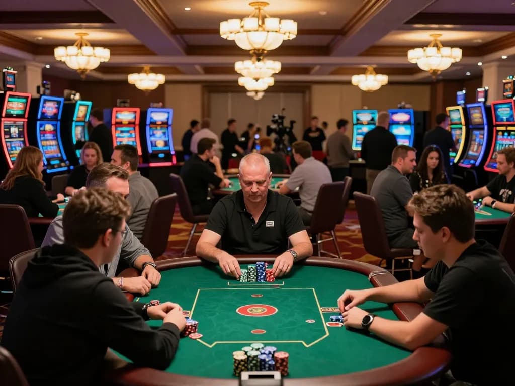 Strategic players engaging in a competitive TT88 poker game in a vibrant casino atmosphere with high stakes.