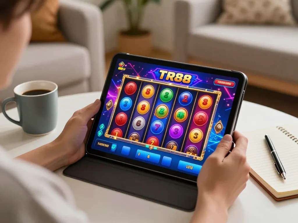 Engaging with the TR88 game on a tablet in a cozy home setup, showcasing online gambling