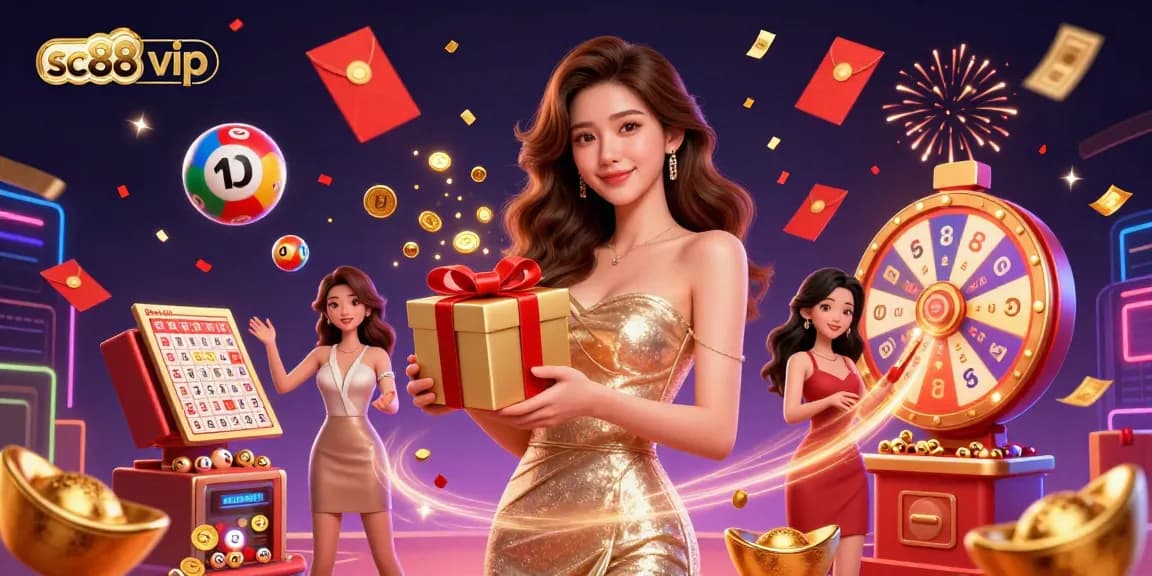Engage in the lively atmosphere of sc88 vip with festive games featuring colorful lottery balls, gold coins, and a welcoming character.