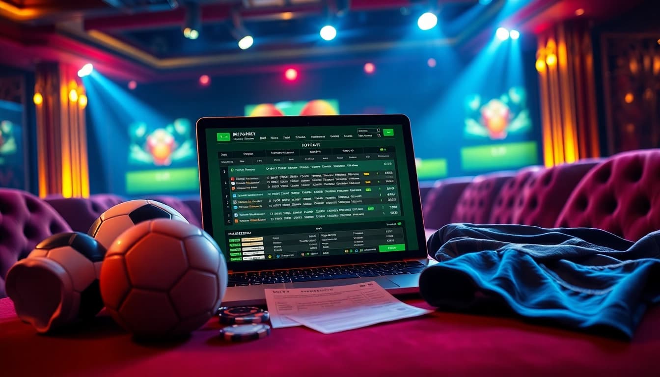 Engaging scene of แทงบอล betting excitement with soccer gear and a dynamic betting interface.