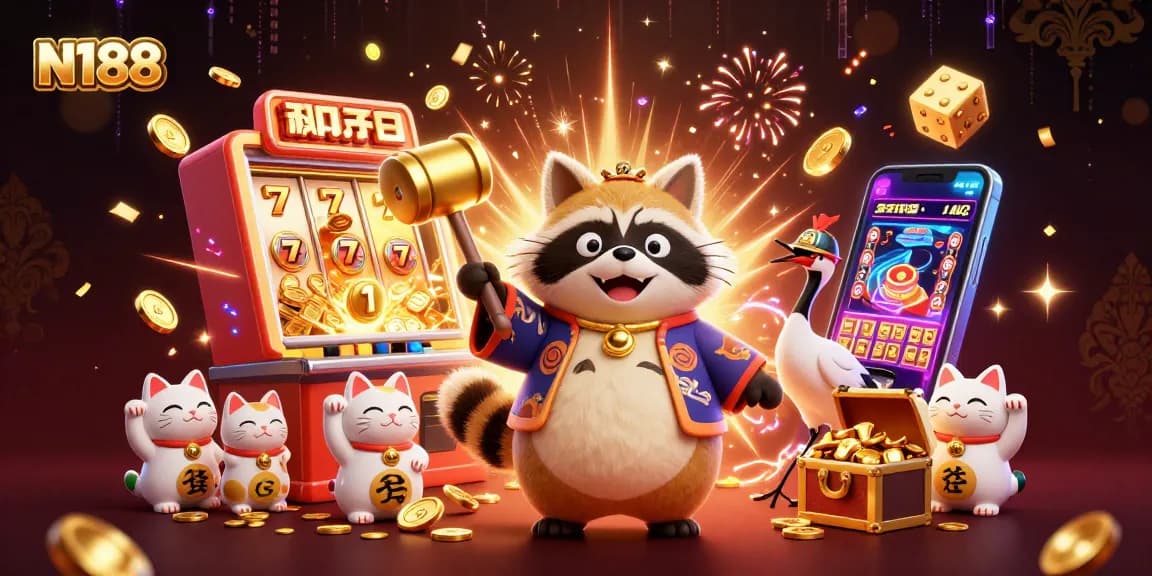 N188's vibrant online casino illustration showcases a tanuki celebrating with golden symbols and jackpot excitement.