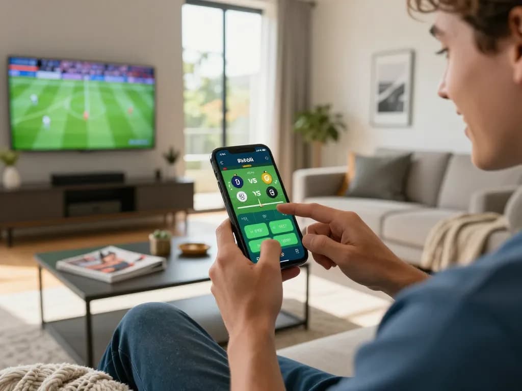 Engaging scene of a player using 789f sports betting app on smartphone in a cozy living room