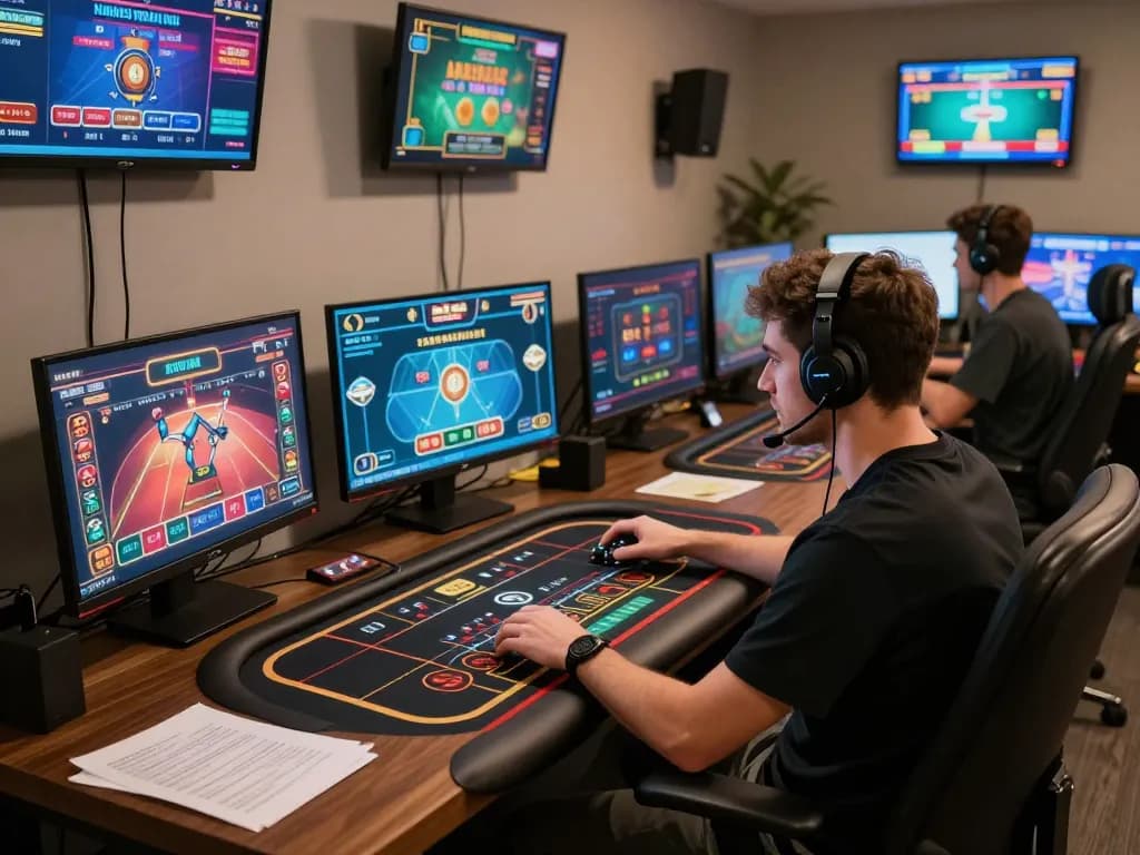 Engaged player analyzing o8 trading strategies on multiple screens during an online gambling session.