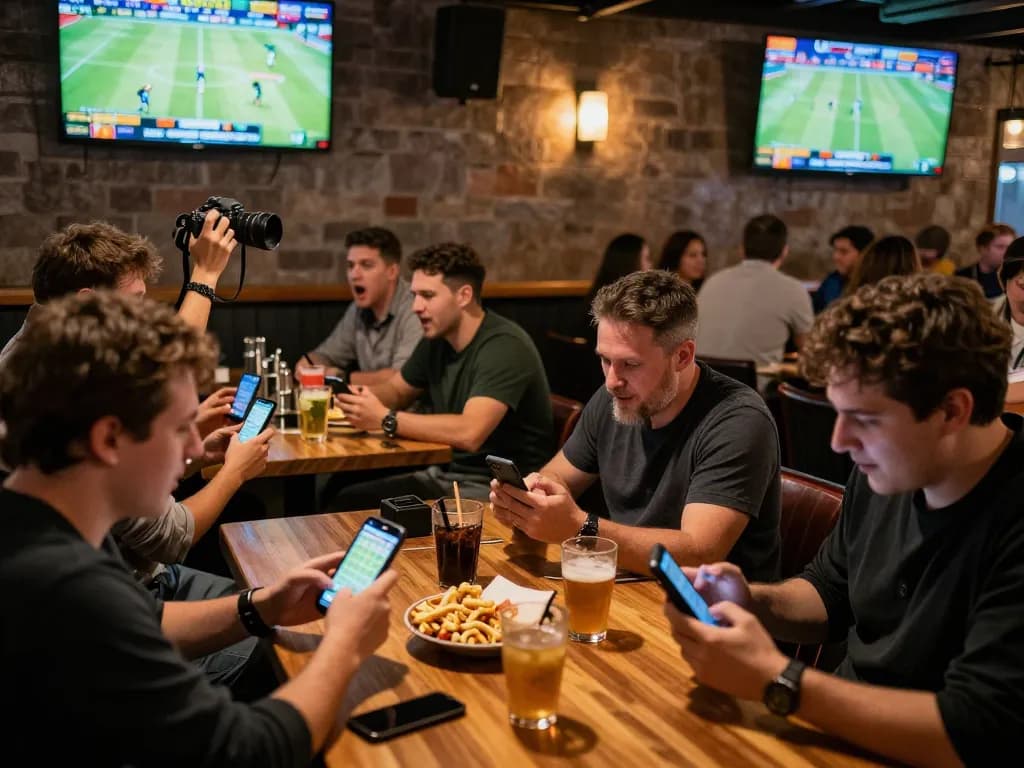A mobile user engaging in live sports betting at https://keonhacai5.mobi/, showcasing a thrilling atmosphere in a lively sports bar.