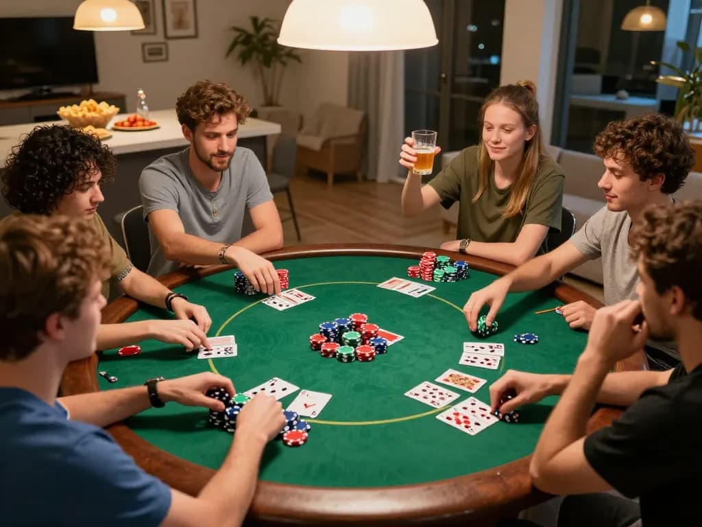 Friends enjoying a thrilling poker night at home, showcasing the iWin spirit of fun and competitive play.