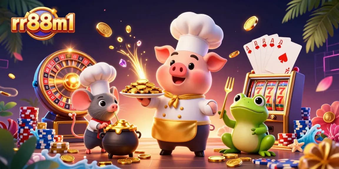 Win big at rr88m1 with a lively 3D casino scene featuring gold coins and vibrant characters