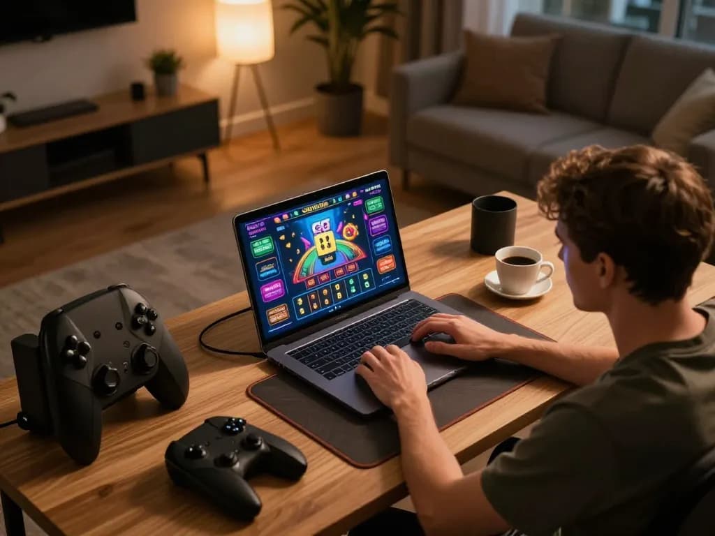 Engaged player using gg 88 casino platform on laptop at home, showcasing strategic online gaming.