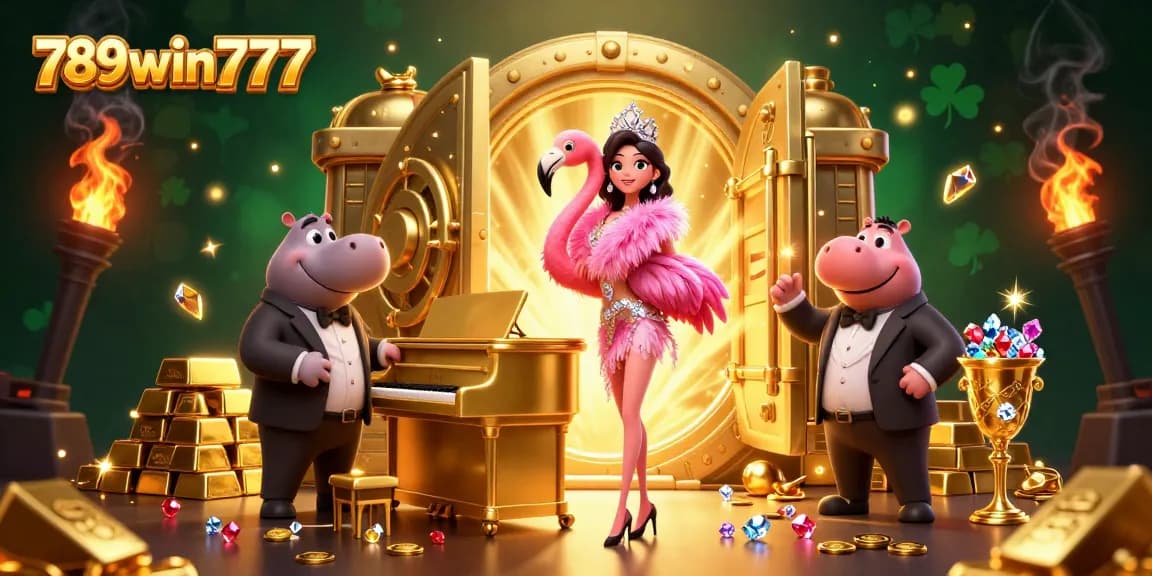 Experience the vibrant energy of 789win777 with a lively casino scene featuring sparkling treasures and enchanting characters.