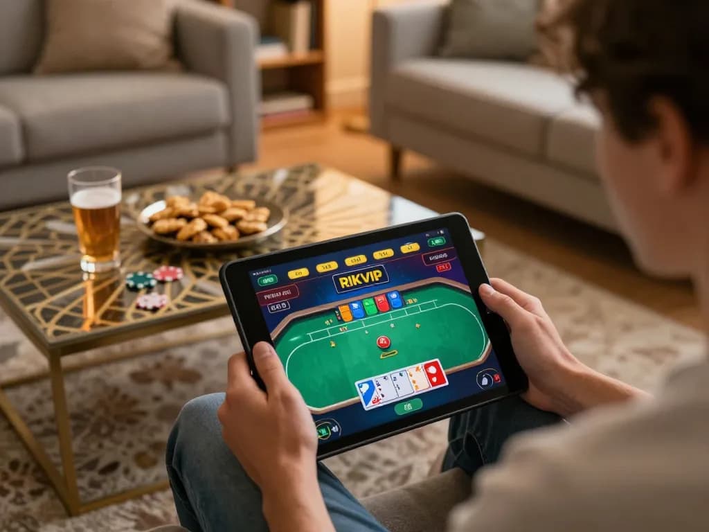Engaging online poker game scene showcasing rikvip gaming experience on a tablet in a cozy home setting.
