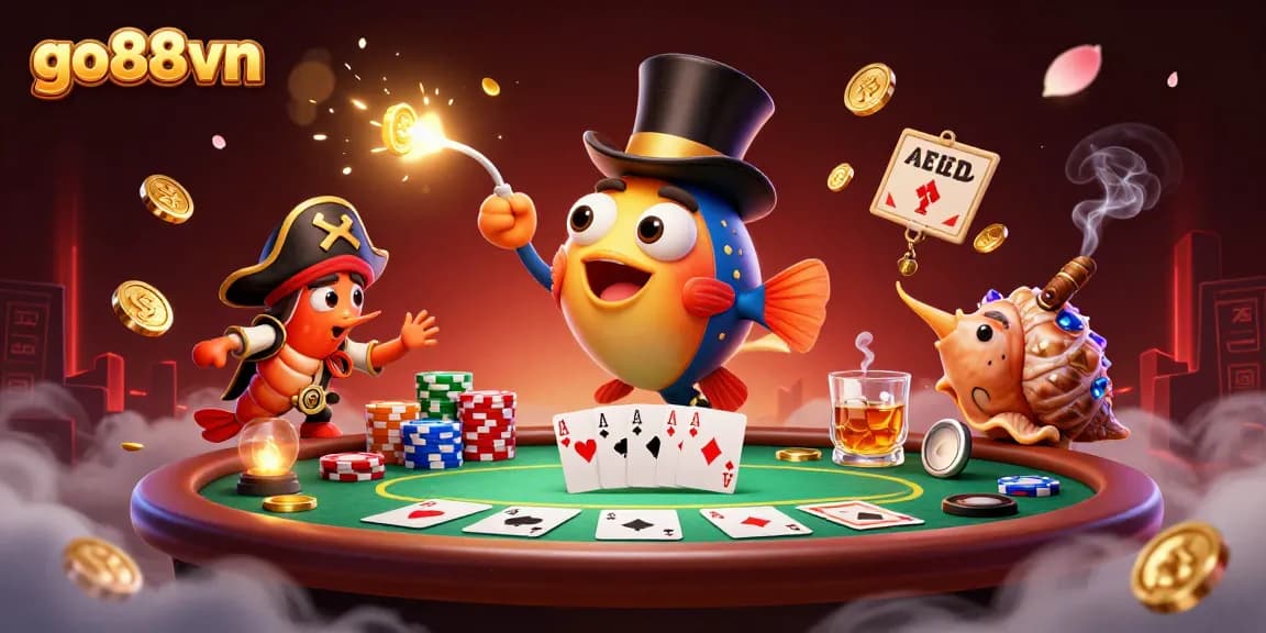 Go88vn captivating illustration features an anglerfish, shrimp, and snail amidst lively poker elements.