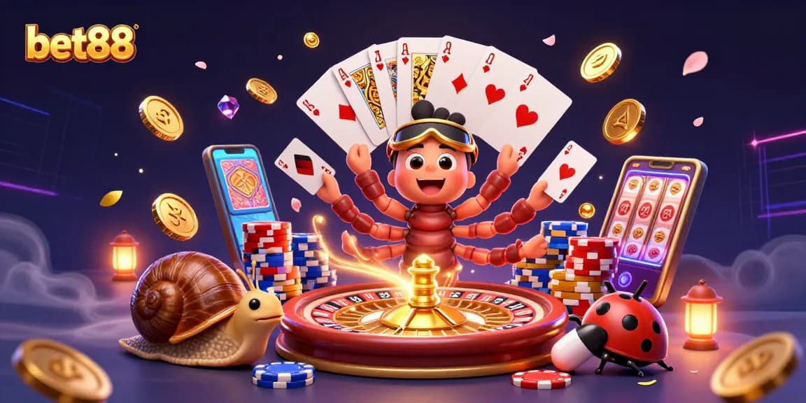 Experience the excitement of bet88 with a dynamic casino scene featuring a millipede dealer, high-roller snail, and cascading coins.