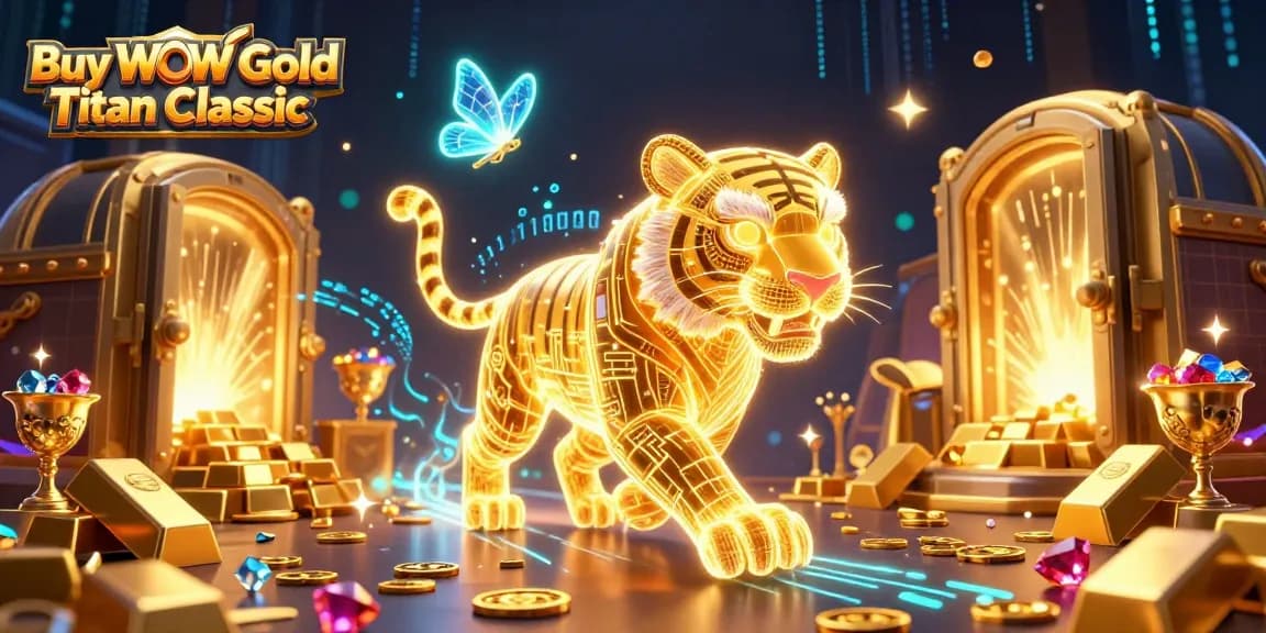 Buy WoW Gold Titan Classic with a shimmering golden tiger prowling through a vibrant digital casino.