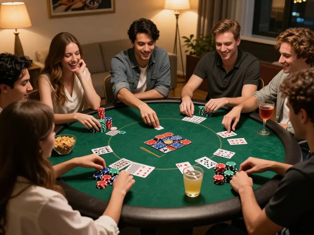 Engaged players enjoying a friendly home poker game while discussing Fokus777 login strategies.