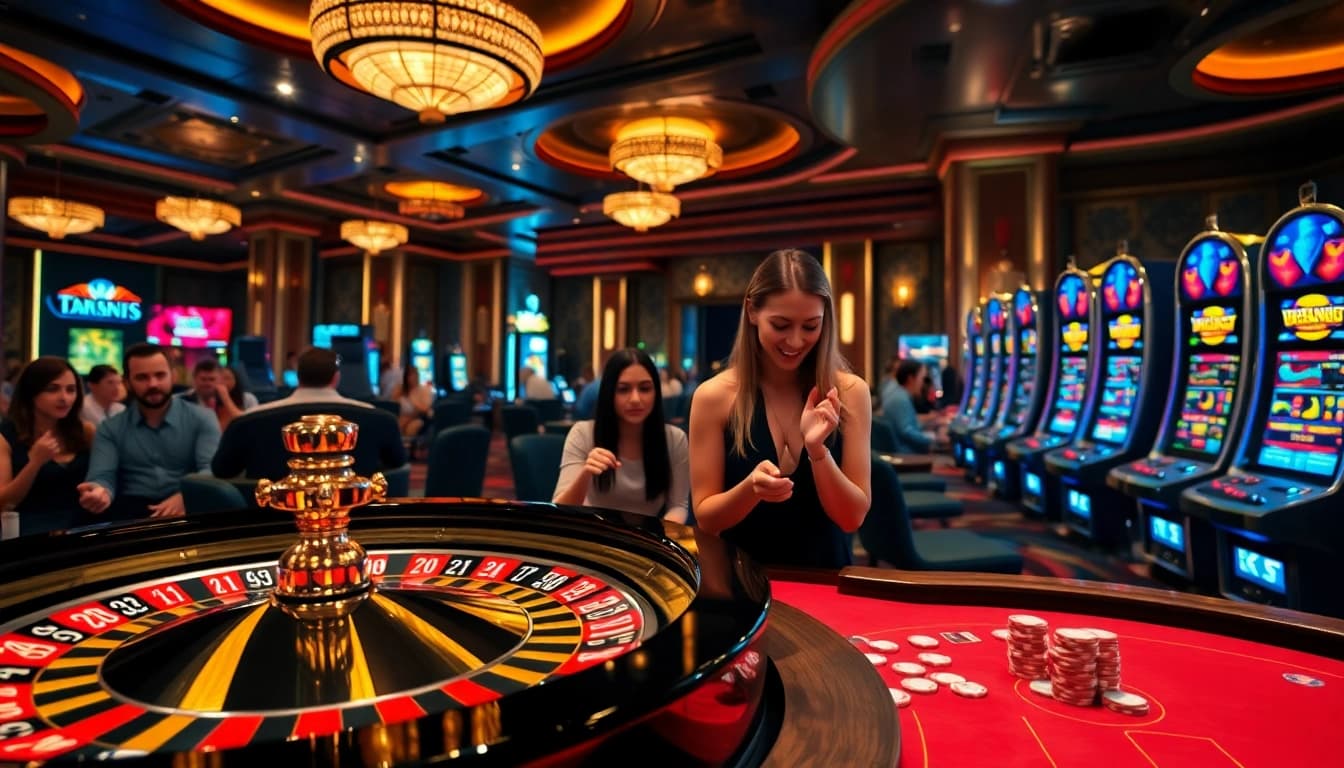 A captivating scene of excitement in online gambling at https://l444.art/ with players celebrating wins at a roulette table.