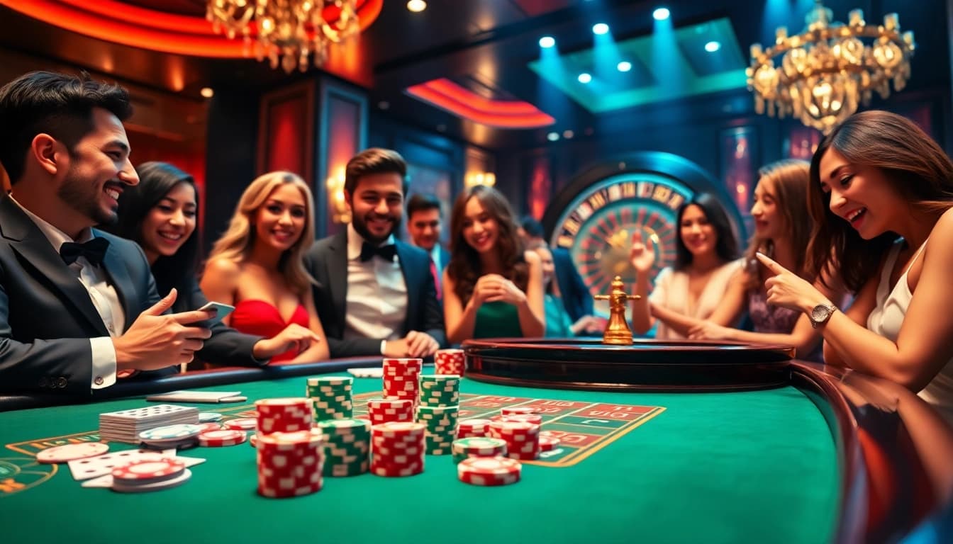 Players enjoying a thrilling casino game at lego138's luxurious gaming table, complete with chips and cards.