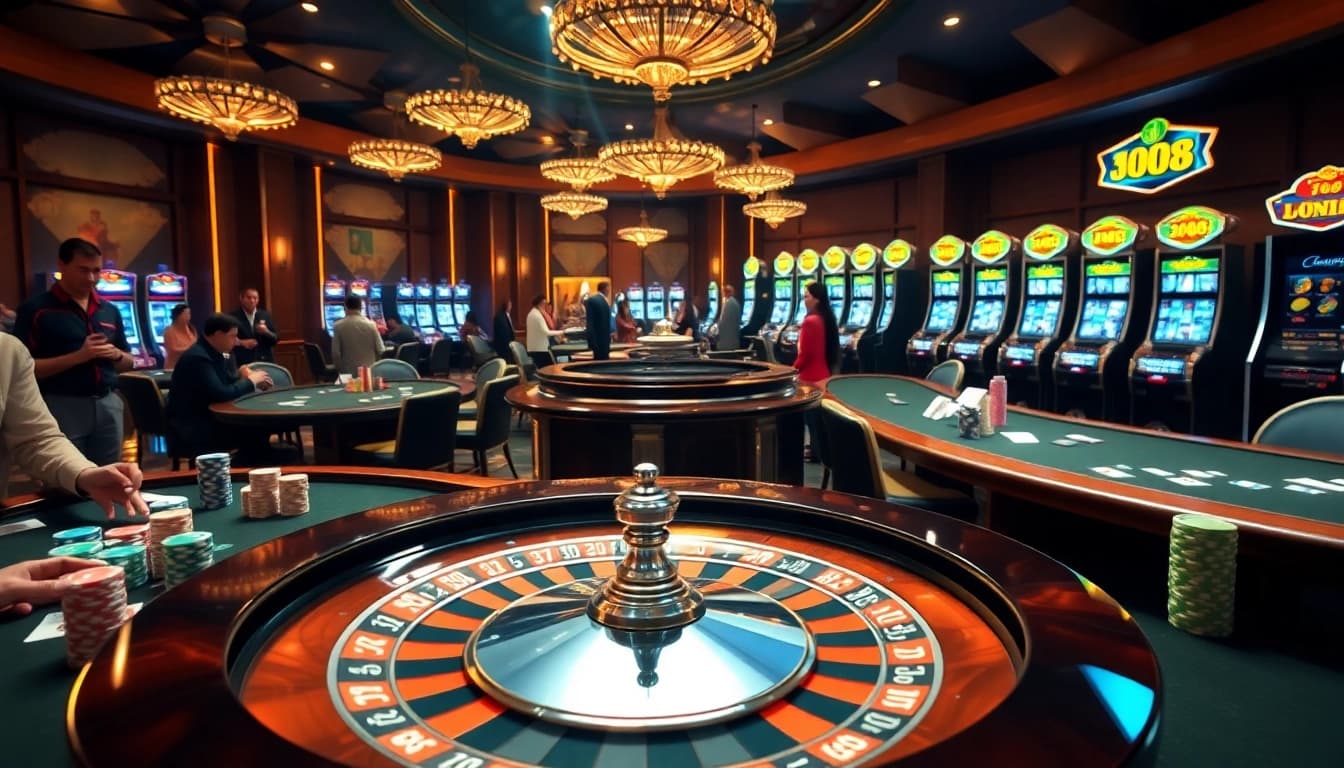 Experience excitement at jun88 trang chủ with vibrant poker tables and a glimmering roulette wheel.