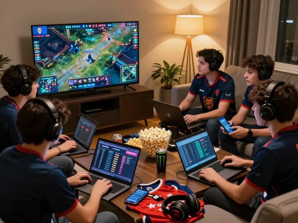 Dota 2 betting enthusiasts engaged in live match viewing and online wagering in an energetic atmosphere.