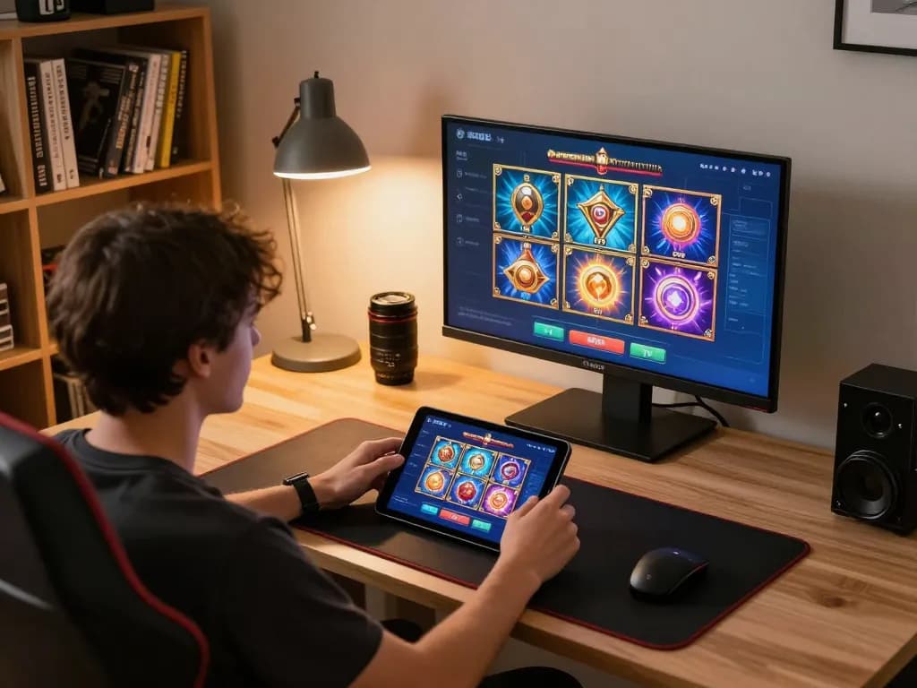Engaging in casino gaming with god55 on a tablet at home, surrounded by strategic guides and warm lighting