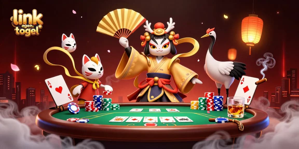Experience the thrill of link agen togel with a dynamic 3D illustration of a kabuki warrior at a lively poker scene.