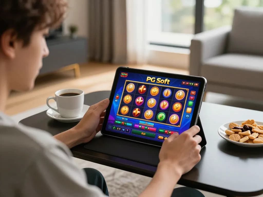 Menggunakan permainan slot PG Soft di tablet dalam suasana rumah yang nyaman