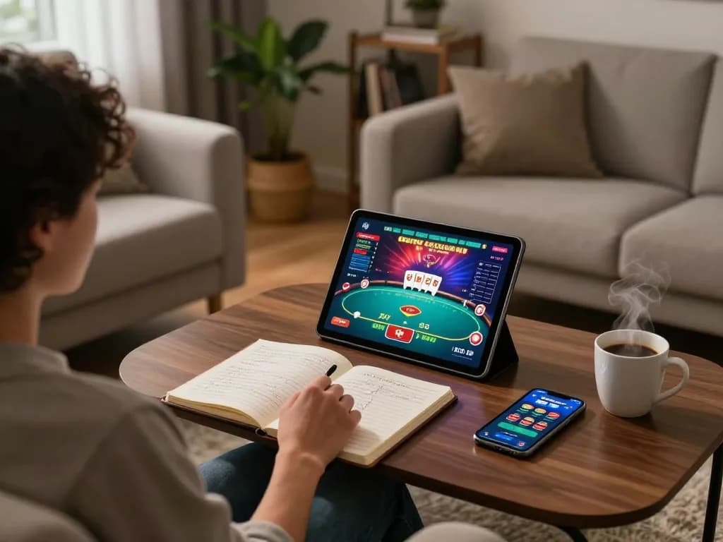 Engaging in 100vip online casino gaming from a cozy home setup, showcasing strategic notes.