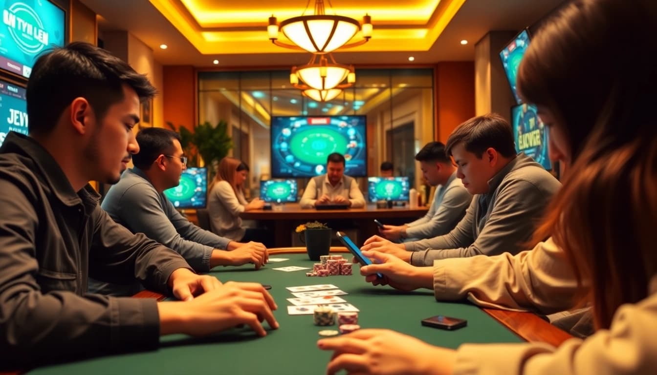 Game bài Nhatvip players enjoying lively online card games in a modern setting.