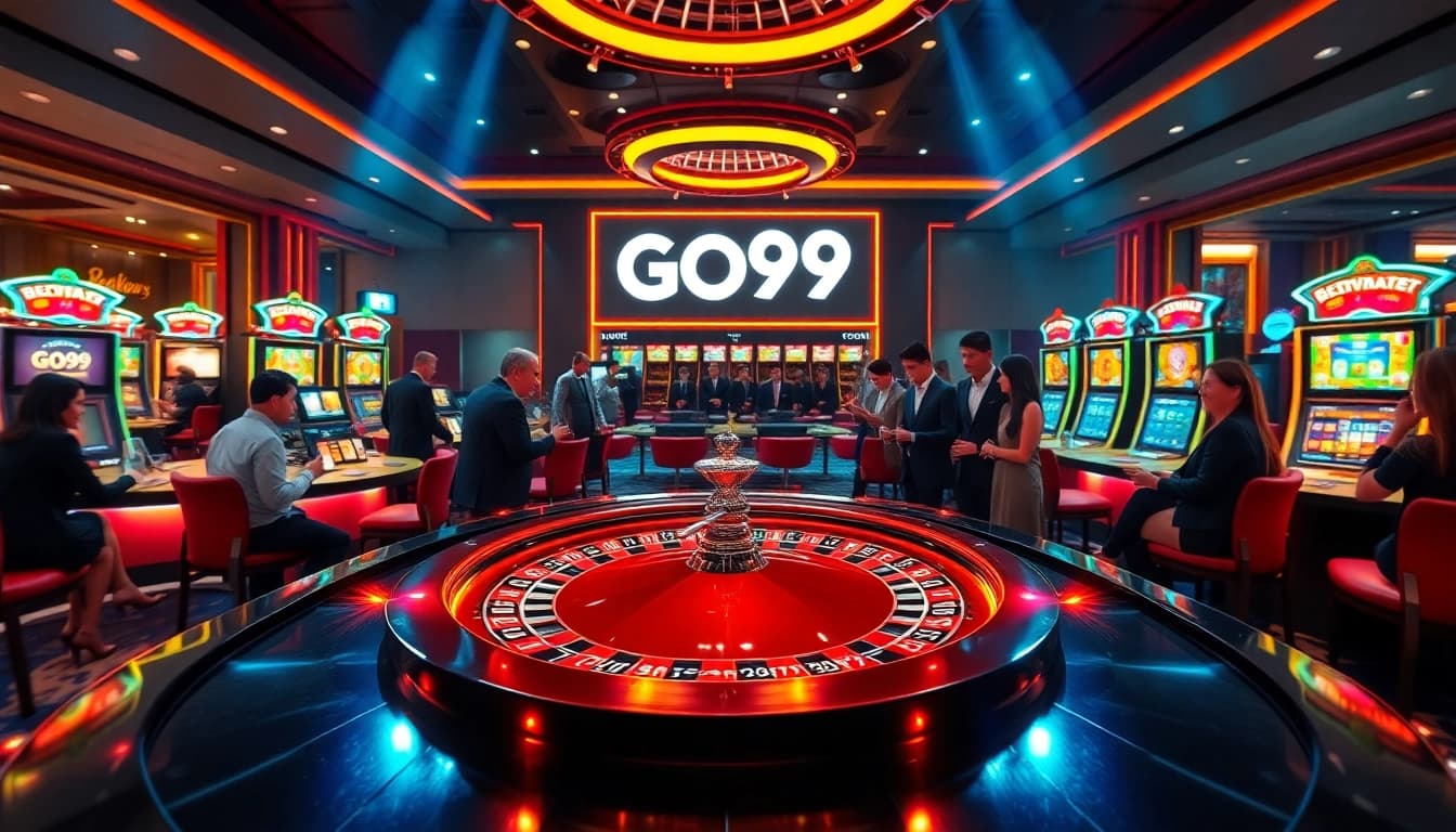 Experience the excitement of GO99 with a lively casino scene filled with roulette and colorful chips.