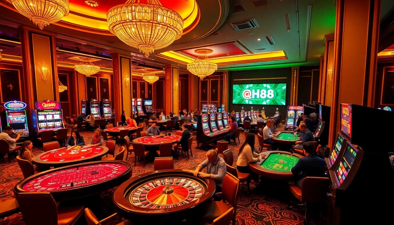 View players enjoying thrilling games at qh88 casino, featuring poker tables and vibrant slot machines.