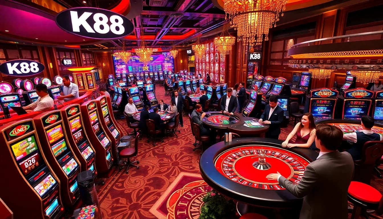 K88 casino featuring vibrant slot machines and exciting live poker games, capturing the thrill of gambling.