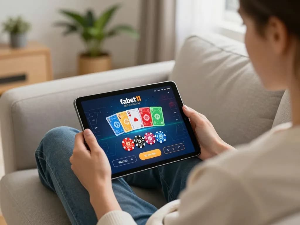 Player using fabet11 online casino on tablet in cozy home environment