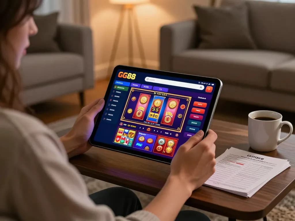 Engage with exciting slot games through the link gg88 in a stylish home setup for online gambling.