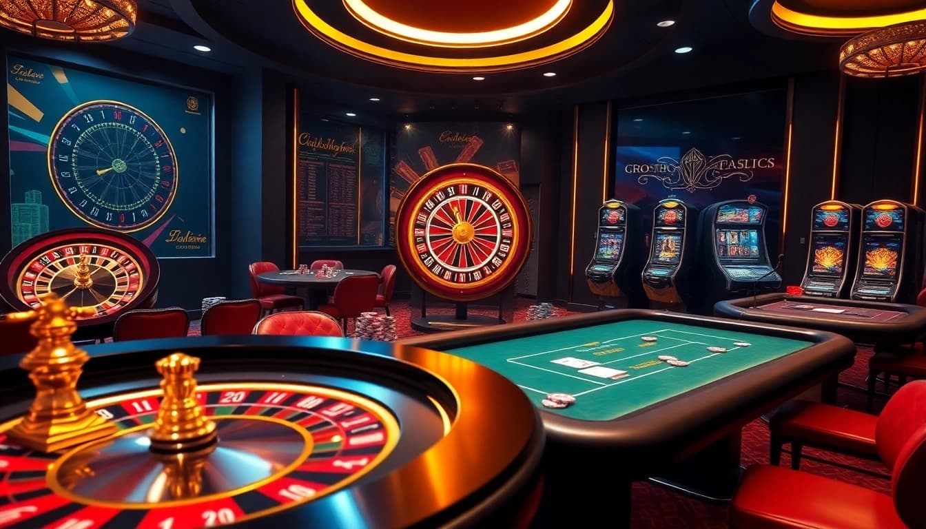 The exciting gambling scene at https://goal123q.com/ featuring poker chips, a roulette wheel, and vibrant slot machines.