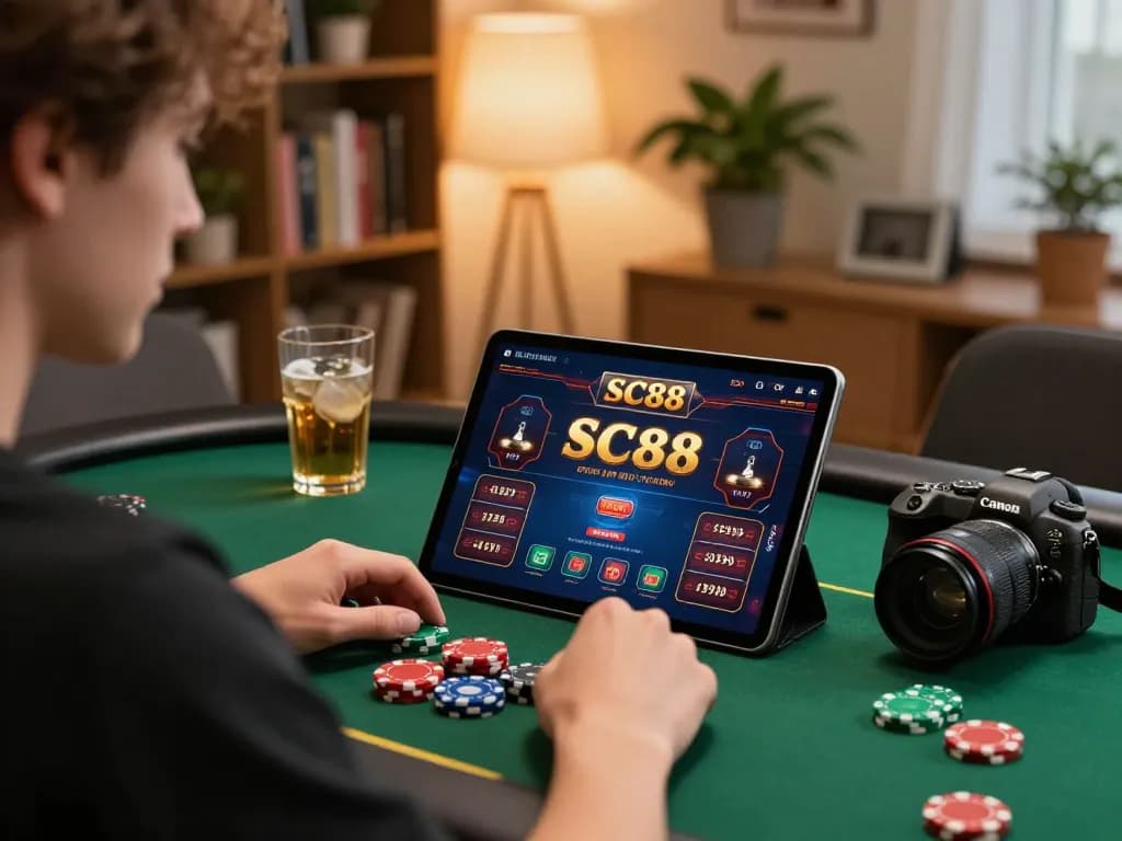 Player engaging with SC88 online casino app on tablet, showcasing a responsible gaming atmosphere.
