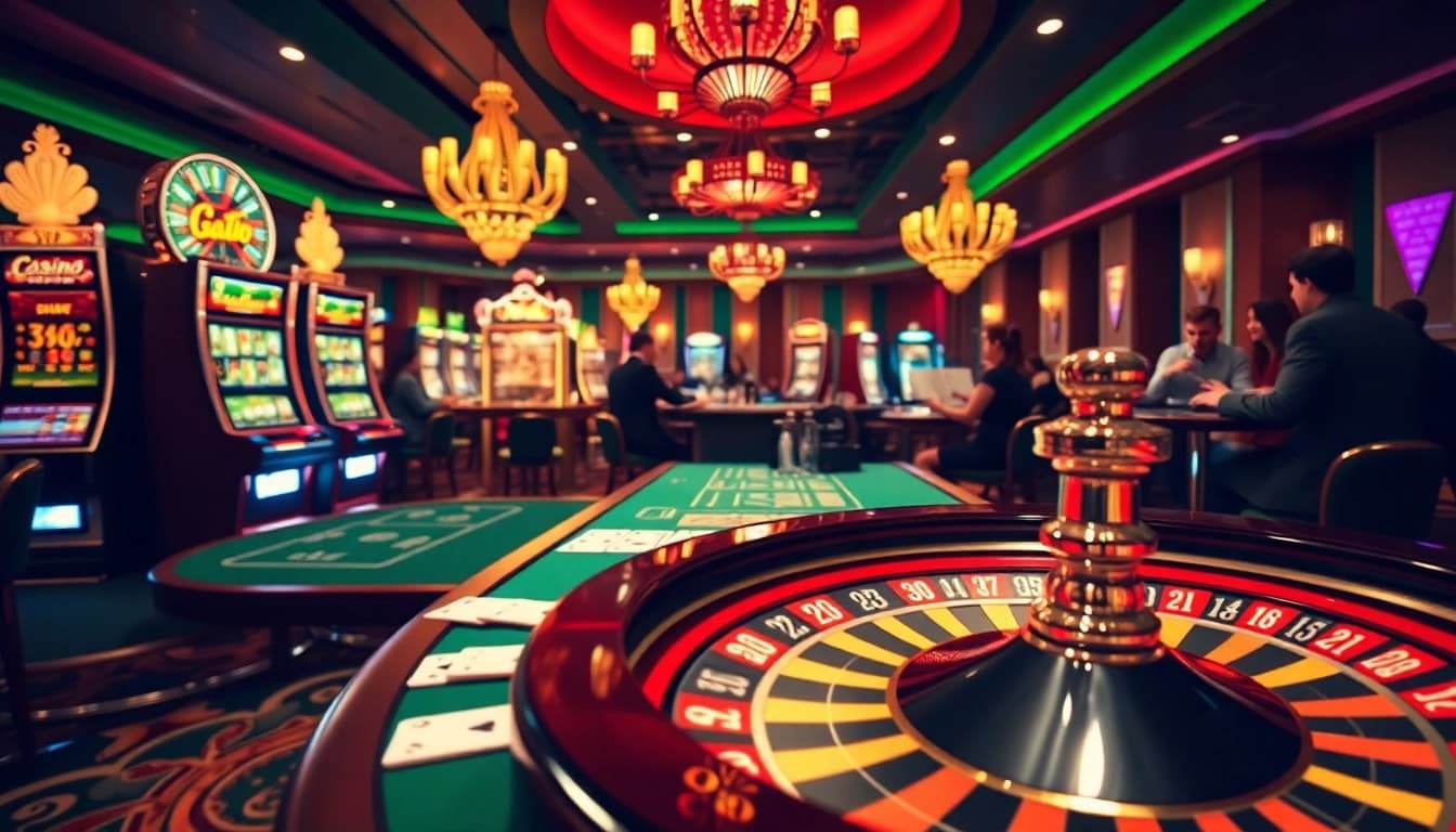 Thrilling casino scene highlighting qh88 with poker tables and vibrant slot machines