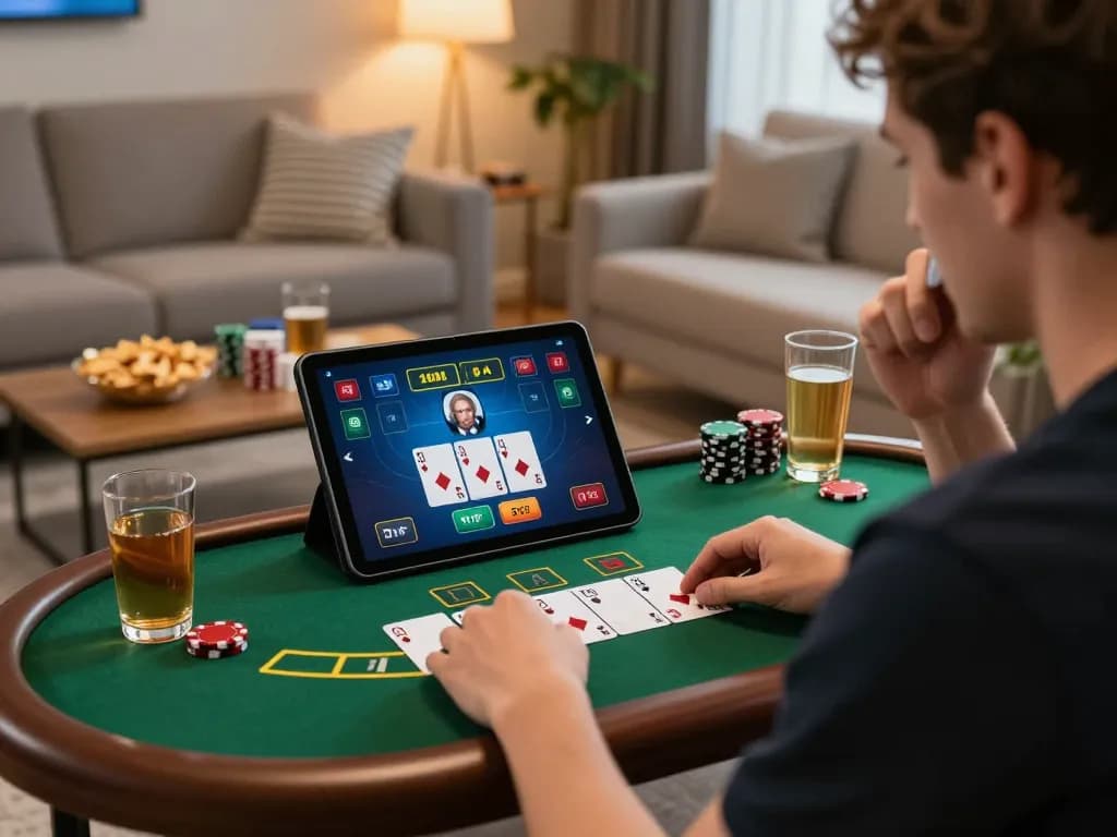 Engaging online gaming experience on LGOSUPER platform with live blackjack interface in a cozy home setting.