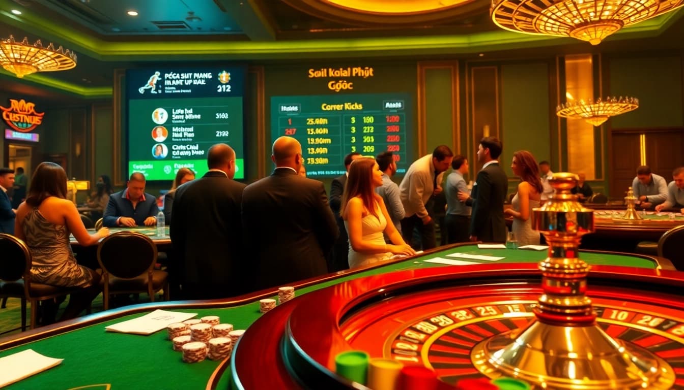 Soi kèo phạt góc illustrated in a luxurious casino scene featuring betting activities.
