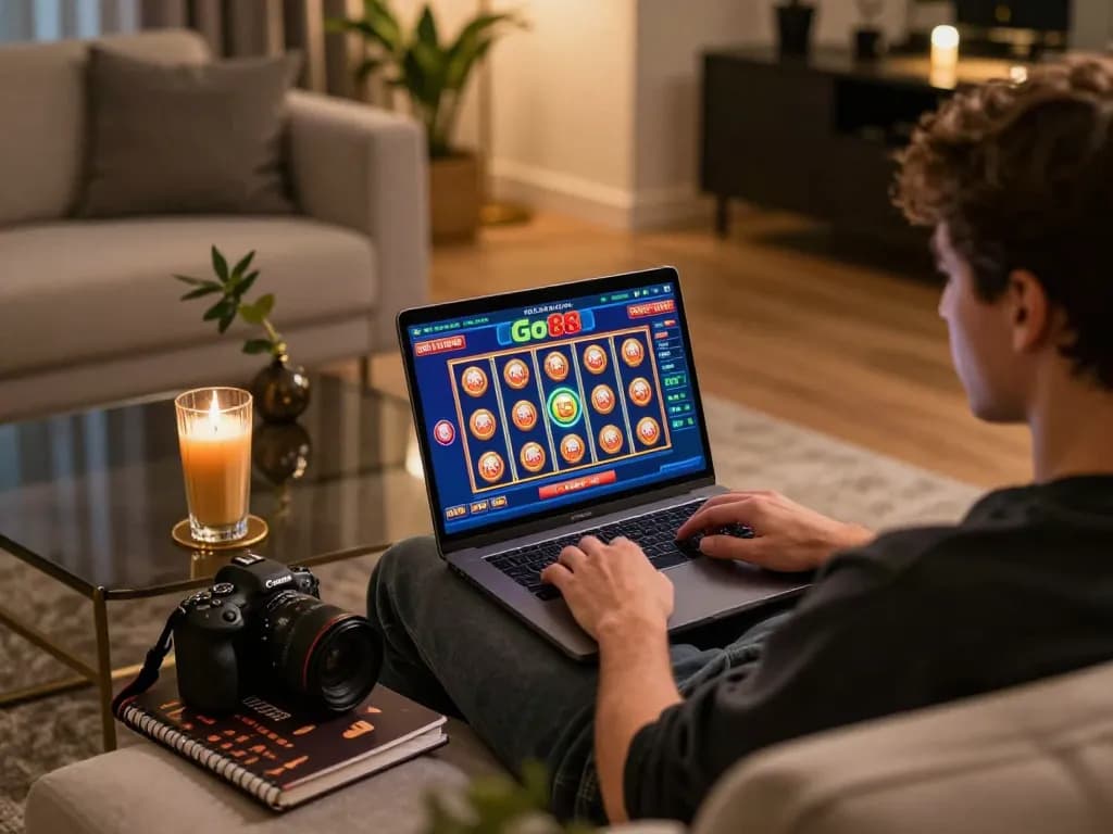 Playing Go88 online casino slots in a cozy home setting with vibrant graphics and a strategic notebook.