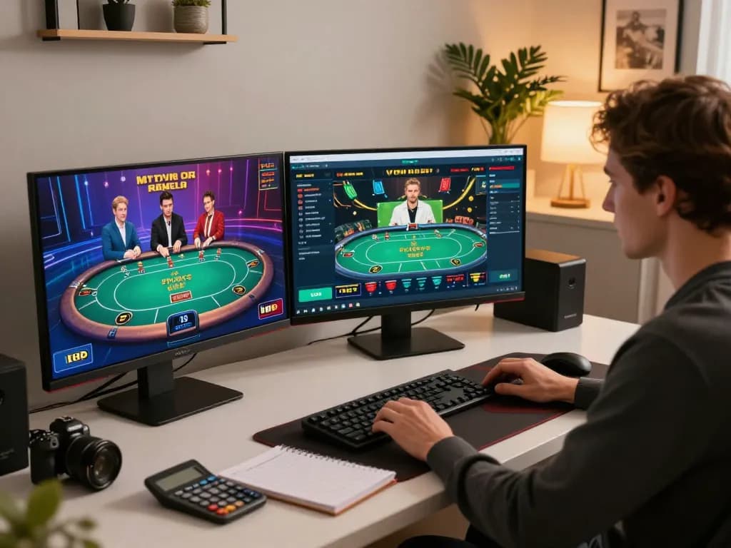 SC88 player strategizing at home with online casino games displayed on multiple screens.