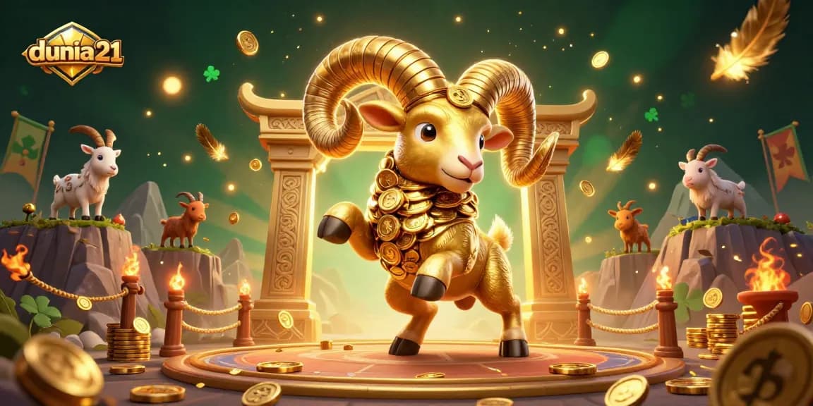 Experience the exhilarating dunia21 casino scene where a golden ram charges through a vibrant gaming arena filled with gold coins.