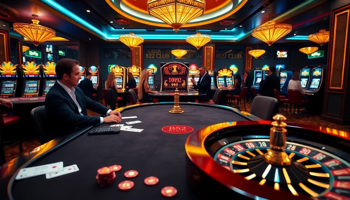 B52 CLUB players strategizing at a high-end poker table in an exciting casino atmosphere.